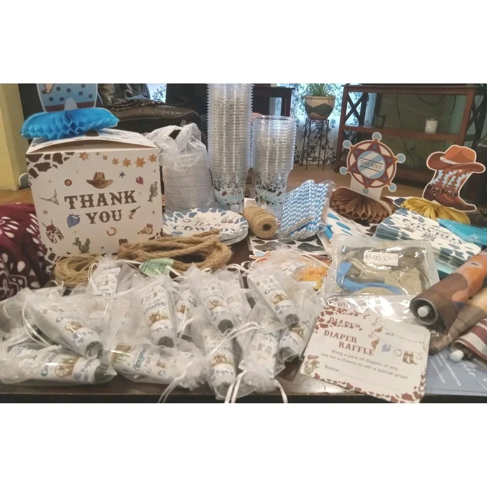 771 pc Cowboy Baby Shower Decorations Little Cowboy Raffle Box Banners Favors ++